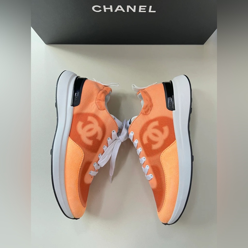 Chanel Denim Suede Calfskin Neon Orange CC Logo Sneakers 36.5